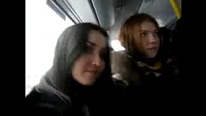 Russian chicks flirt with an exhibitionist stranger on the bus